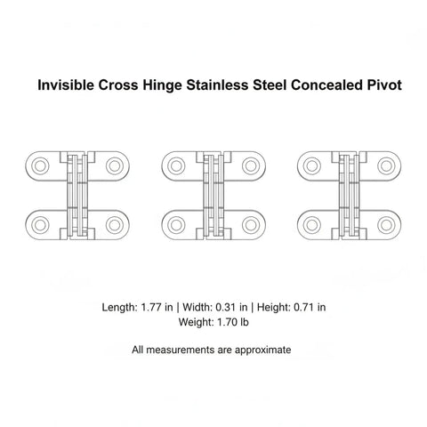 Diagram of Low Profile Flush Mount Cross Hinge for no fuss doors and folding tables, stainless steel pivot, hidden hardware.