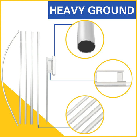 Components of three 15-foot swooper flag pole kits with ground spikes, showing heavy-duty aluminum parts, for outdoor advertising use.