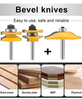3 Piece Router Bit Set With One Quarter Inch Shank For Ogee Rail And Stile Cabinet Doors, Round Over And Raised Panel Profiles, Tongue And Groove Milling Tool With Premium Pro Grade Carbide Cutters on display.