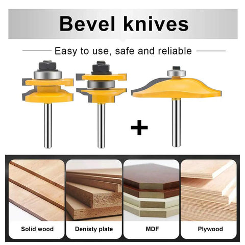3 Piece Router Bit Set With One Quarter Inch Shank For Ogee Rail And Stile Cabinet Doors, Round Over And Raised Panel Profiles, Tongue And Groove Milling Tool With Premium Pro Grade Carbide Cutters on display.