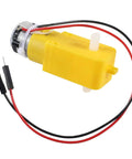 Dual Shaft DC Motor With Magnetic Gearbox for Arduino robots, yellow casing, red and black wires, 3V to 6V, 1 to 48 gear reduction