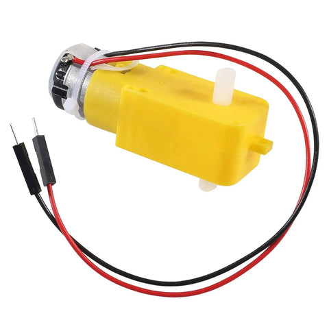 Dual Shaft DC Motor With Magnetic Gearbox for Arduino robots, yellow casing, red and black wires, 3V to 6V, 1 to 48 gear reduction