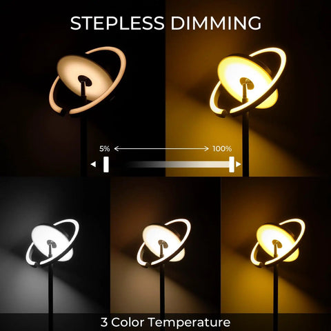 Chill At Home With A Sleek Saturn Ring LED Floor Lamp, 36W, 1800LM Bright, Fully Rotatable Standing Light showing dimming and color options