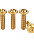 Top-Shelf Grade 5 Titanium M8x30mm Torx Head Bolts Screw Pack, Gold Anodized Fasteners For Custom Whip Mods And Slick Automotive Builds, High-Octane Strength, T40 Torx, Set Of Four - Close-up view of four gold anodized titanium bolts with Torx heads.