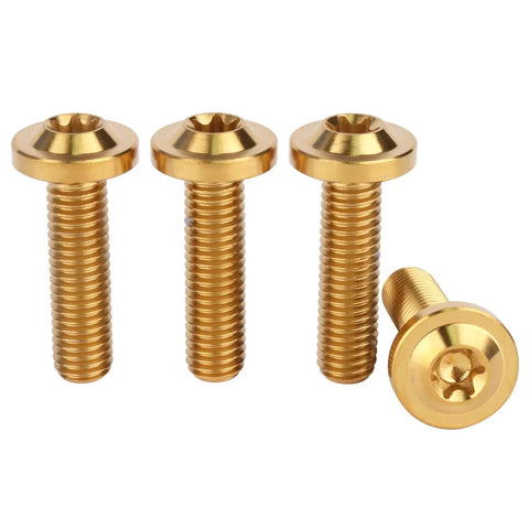 Top-Shelf Grade 5 Titanium M8x30mm Torx Head Bolts Screw Pack, Gold Anodized Fasteners For Custom Whip Mods And Slick Automotive Builds, High-Octane Strength, T40 Torx, Set Of Four - Close-up view of four gold anodized titanium bolts with Torx heads.
