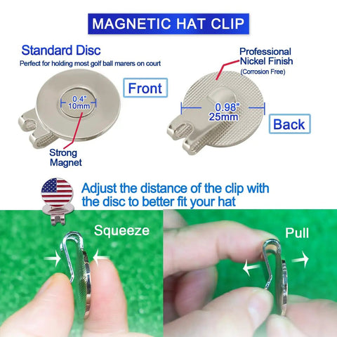 Standard disc magnetic hat clip details with squeeze and pull adjustment instructions, part of Six Piece Golf Ball Markers With Magnetic Hat Clips Value Set For Men And Women Golfers Removable Attaches Easily To Caps Includes Clear Case Storage Soft Enamel Iron Markers For On Course Gift.