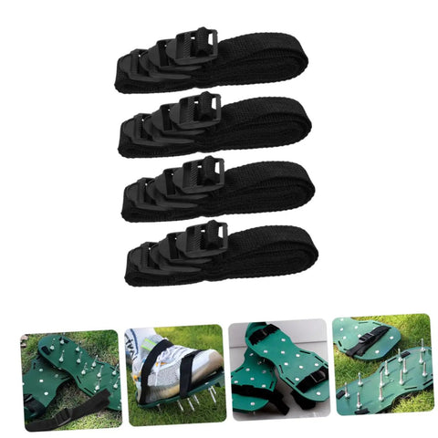 16 Piece Lawn Aerator Shoes Straps With A Workhorse Heavy Duty Garden Spikes For Lawn Care Compatible Boots For Aerating Grass And Soil In Outdoor Gardening Perfect For Thick Lawns Wet Soils And All Seasons showing black straps and green aerator shoes.