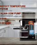 No Hassle Automatic Coffee And Milk Frother Machine With Adjustable Strength Control and water reservoir visible in image.