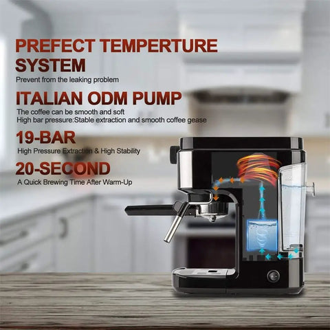No Hassle Automatic Coffee And Milk Frother Machine With Adjustable Strength Control and water reservoir visible in image.