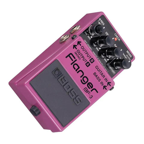 BF-3 Flanger Guitar Effects Pedal With Momentary Mode, Tap Tempo, Ultra Gain And Pan Modes, stereo inputs, angled view