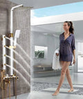 Slick Brass Wall Mounted Shower Mixer Set Featuring Top Shelf Rainfall Head And Hella Powerful Massage Jets Smooth Operator Faucet with adjustable height in modern bathroom.