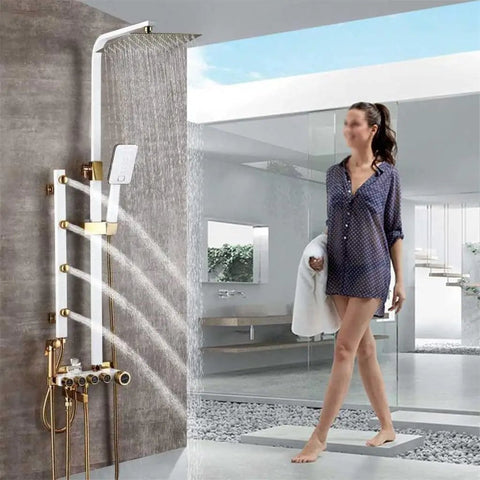 Slick Brass Wall Mounted Shower Mixer Set Featuring Top Shelf Rainfall Head And Hella Powerful Massage Jets Smooth Operator Faucet with adjustable height in modern bathroom.