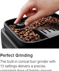 Hand adjusting the conical burr grinder on the Automatic Espresso And Cappuccino Coffee Machine With Smooth Latte Crema System.