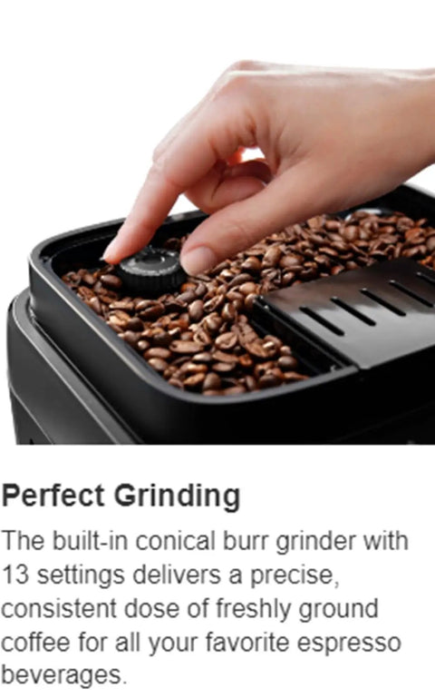 Hand adjusting the conical burr grinder on the Automatic Espresso And Cappuccino Coffee Machine With Smooth Latte Crema System.