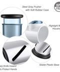 Effortless Slicer Shredder Attachment For Your Stand Mixer Lets You Slice Grate And Process Food Like A Boss Featuring Three Blade System, showcasing components with steel gray pusher, white housing, sharp knife inward, and stable base.