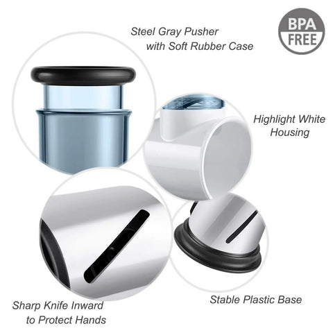 Effortless Slicer Shredder Attachment For Your Stand Mixer Lets You Slice Grate And Process Food Like A Boss Featuring Three Blade System, showcasing components with steel gray pusher, white housing, sharp knife inward, and stable base.