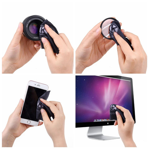 Camera cleaning kit with microfiber cloths used to wipe lens, smartphone screen, and computer monitor.
