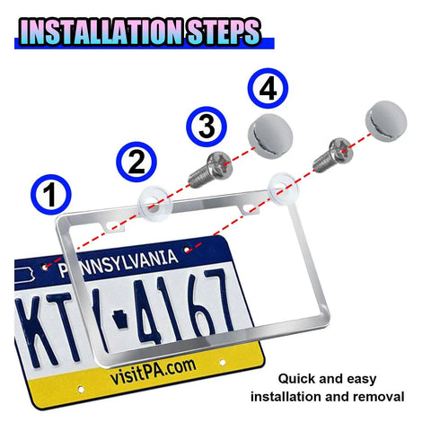 Installation steps for Stainless Steel License Plate Frames Two Pack With Screws And Caps Rust Proof Car Tag Frame Protector Cover