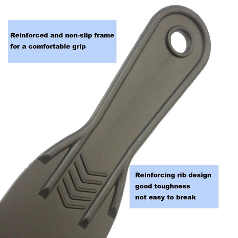 Close-up of a Six Piece Putty Knife Set With Flexible Plastic Scrapers For Spackling And Spackle Includes 1.5 2 3 4 6 And 8 Inch Blades Great For Drywall Patching And Home DIY Paint Prep showing reinforced plastic handle and non-slip grip.