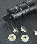 Heavy Duty Adjustable Pneumatic Rivet Nut Gun With Quick Swap Self Locking Snout And Thread Insert Puller For Sheet Metal Works showing M5 M6 tip and threaded inserts.