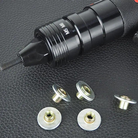 Heavy Duty Pneumatic Rivet Nut Gun Generating Badass Torque With Adjustable Speed And A Self Locking Head For No Sweat Thread Insertion On Sheet Metal Across M5 M6 M8 Sizes with M6 size nut inserts.