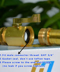 Two Pack Heavy Duty Brass Shut Off Valve for Garden Hose Full Port Ball Valve Three Quarters Inch Garden Hose Thread Built Tough Brass Connector for Easy On Off Water Control showing GHT male connector and gasket seal