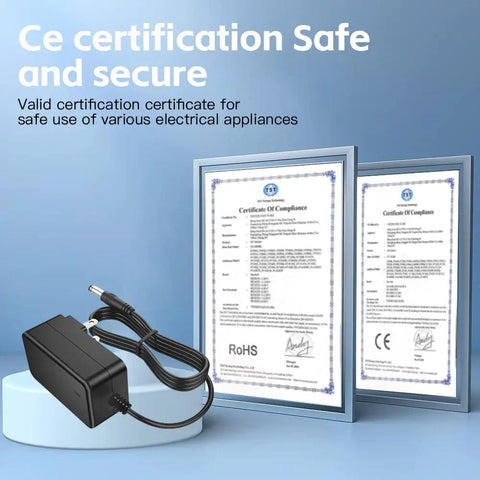 12V DC Power Supply Adapter 2.5A 30W From 100 to 240V AC To DC Wall Transformer with CE certification certificates displayed