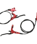 Rock Solid Four Piston Hydraulic Disc Brake Set For Mountain Bikers With Drop Dead Smooth Bilateral Oil Lines And Tough Resin Pads, red brake levers and hoses.