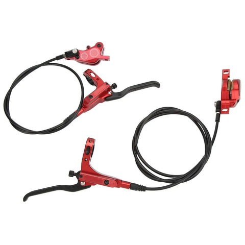 Rock Solid Four Piston Hydraulic Disc Brake Set For Mountain Bikers With Drop Dead Smooth Bilateral Oil Lines And Tough Resin Pads, red brake levers and hoses.