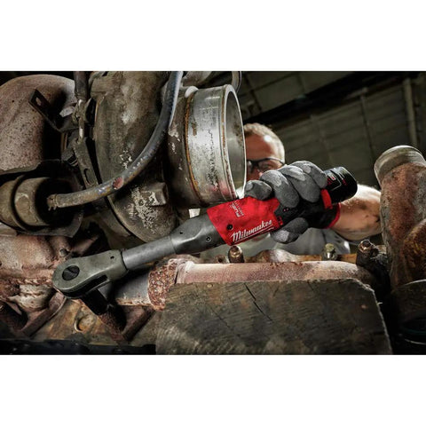 Heavy Duty Cordless Three Eighth Inch Extended Reach Ratchet With Badass 55 Foot Pounds Max Torque fitting in tight engine space.