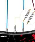 Close-up of a bicycle tire with inset showing brass valve cores from Valve Core Kit 21 Piece Set With 10 Brass Valve Cores 10 Stem Caps And Remover Tool For Bikes Motorcycles Cars Trucks ATVs Lawn Mowers And More Great For Presta And Schrader Systems