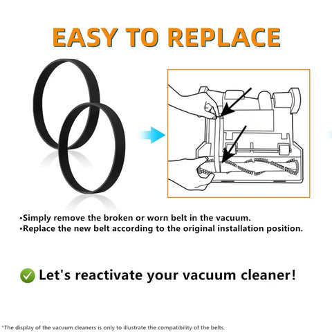 Replacement Vacuum Belts Heavy Duty For Elite Rewind Plus Upright Vacuums UH71003 UH71009 UH71011 UH71012 UH71013 UH71200 UH72003 UH72011 Pack Of 2 Durable Elastic Rubber Belts, diagram showing belt replacement process.
