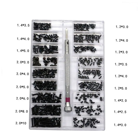 Slick Little Miniature Screw Set Featuring Countersunk Round Head Fasteners And Precision Eyeglass Repair Bits in clear case.