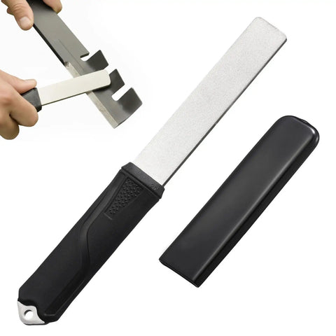 Diamond Sharpening Stone With Dual Grit 325 1200 Handheld Knife Sharpener With Angle Guide shown in use sharpening a tool