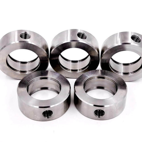 Waterjet seal head rings, six stainless steel parts with inner bore and threaded holes