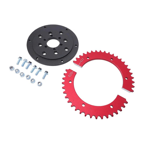 Heavy Duty Split Sprocket Hub Adapter Fits Baja Massimo Mini Bike Go Kart 42 Tooth Gear with bolts and gear components.