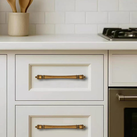 Top Shelf Vintage Antique Brass Cabinet Pulls Three And Three Quarter Inch Centers Solid Metal Drawer Handles For Kitchen Cabinets And Bathroom Vanities Slick Durable Finish Set Of Two on white drawers