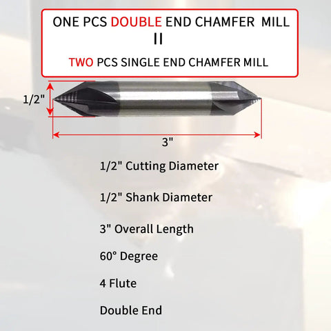 Beefy Half Inch Carbide Chamfer Mill 60 Degree Double End Four Flute AlTiN Coated Solid Carbide End Mill, 3 Inch Length