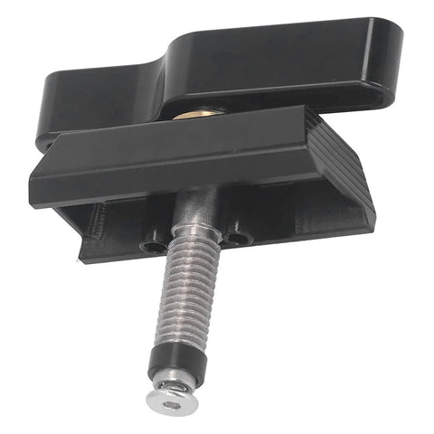 Upgrade Your Ride With This Heavy Duty Folding Bike Hinge Clamp Made From Tough Aluminum Alloy Featuring A Sleek Black Anodized Finish And Precision CNC Machining For That Sweet Secure Fit Every Time! Close-up of black hinge clamp with stainless steel screw.