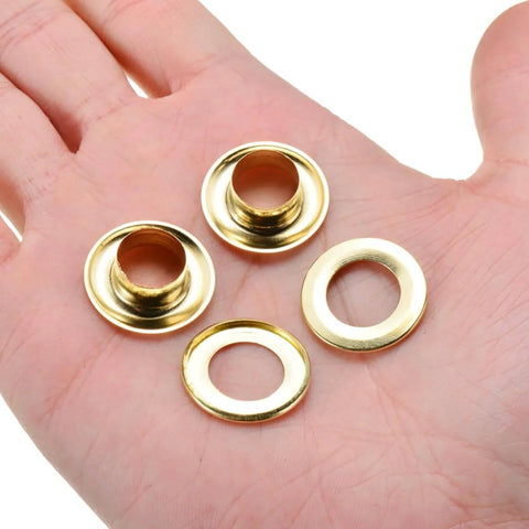Heavy Duty 500Pcs Grommets And 500Pcs Washers Set Iron With Brass Finish Three Eighths Inch Inside Diameter Hole Flange Diameter About 0.6 Inch And Under Flange Height About 0.16 Inch For Curtains Canvas Tarps Craft Making Eyelets And Replacement Durable on a hand