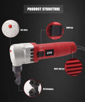 Metal Nibbler For Sheet Metal Cutting, 380W Power, 1700 RPM High Speed Rotor, red casing with labeled parts like oil hole and switch