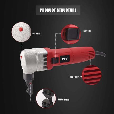 Metal Nibbler For Sheet Metal Cutting, 380W Power, 1700 RPM High Speed Rotor, red casing with labeled parts like oil hole and switch