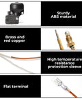 Outdoor heater parts kit: thermocouple, tilt and dump switch, brass/copper fittings, high-temp sleeve, flat terminal.
