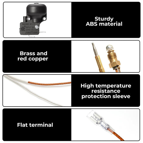 Outdoor heater parts kit: thermocouple, tilt and dump switch, brass/copper fittings, high-temp sleeve, flat terminal.