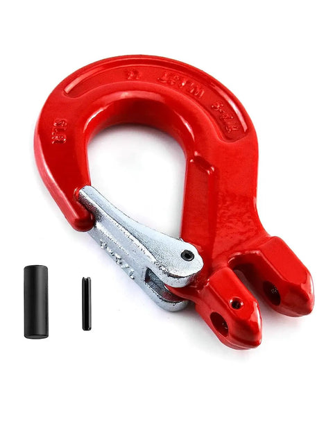 2 Pack Grade 80 Drop Forged Alloy Steel Clevis Sling Hook With Latch, 3/8 Inch, red painted, heavy duty rigging component.