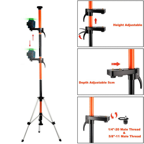 Telescoping Laser Level Pole With Tripod, 12 Ft / 3.7 M Reach, Adjustable 1/4-20 Mount For Rotary And Line Lasers, Includes 5/8-11