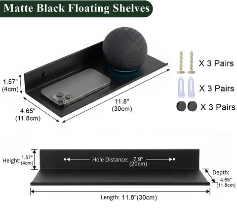 Mini Floating Wall Shelves for Smart Speaker Collectibles, Lightweight Aluminum, Matte Black, Wall Mounted, 12 by 5 Inch, 2 Pack