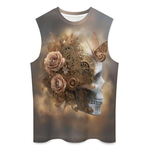 Hella Comfy Dope Mens Hawaiian Floral Skull Butterfly Graphic Sleeveless Tank Top Quick Dry Loose Fit, featuring a floral skull design.