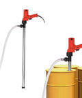 Heavy Duty 2480W Electric Barrel Pump with hose on yellow barrel for fast fuel and oil transfers in workshops.