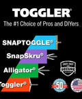 Toggler anchor systems, Snaptoggle, SnapSkru, and Alligator, for drywall; made in USA, features 50 years badge of quality.